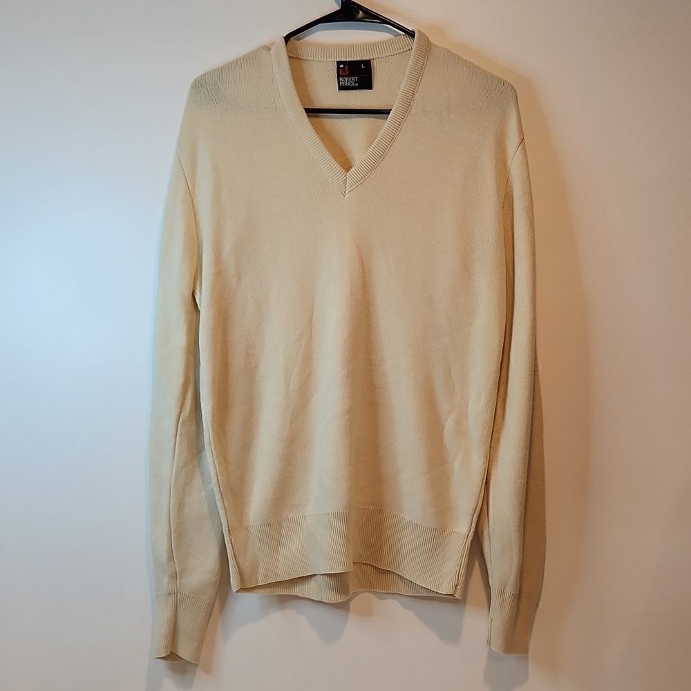Vintage Robert Bruce Solid Cream V-Neck Pullover Sweater Men's Size Large EUC